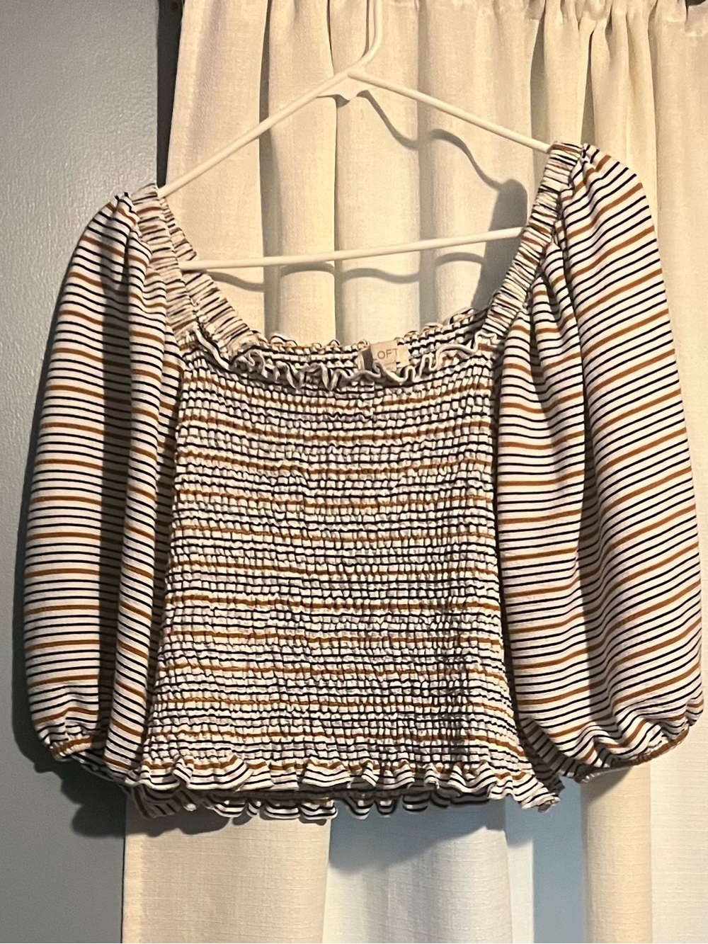 LOFT Striped Smocked Top - White, Blue & Brown